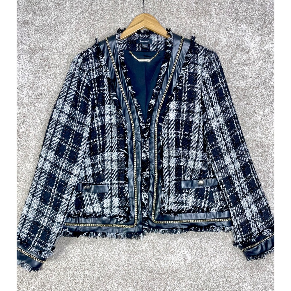 Cache Plaid Tweed Jacket Women L Black White Faux Leather Trim Chain Accent Chic